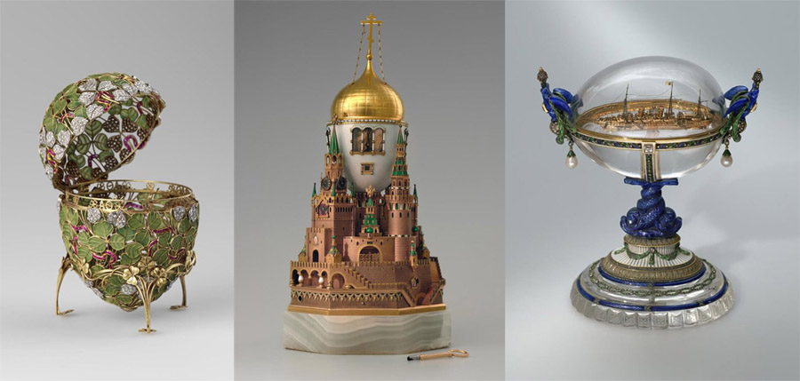 Пасхальное яйцо "Клевер", "Московский Кремль",  яйцо с моделью яхты "Хтандарт".  Фаберже